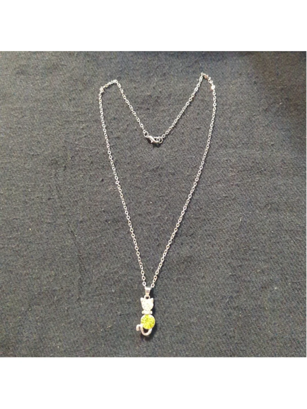Silver Tone Clear and Green Rhinestone Cat Dainty Pendant Statement Necklace